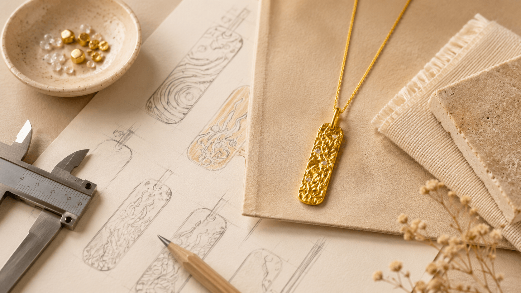 Metal Element gold pendant necklace displayed beside hand-drawn pendant sketches and measuring tools on a design table