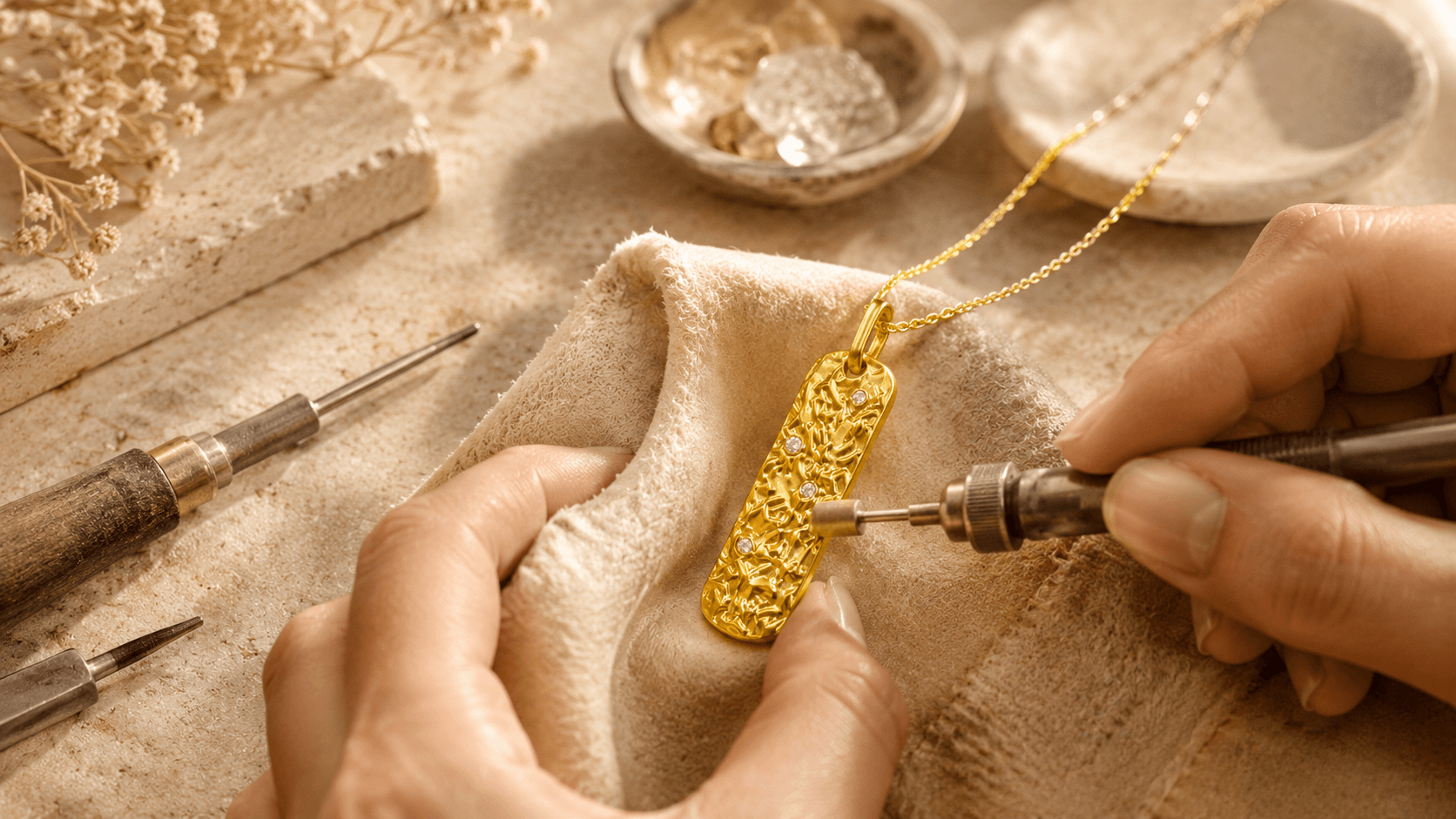 Hands refining the surface details of the Metal Element gold pendant necklace with jewelry tools