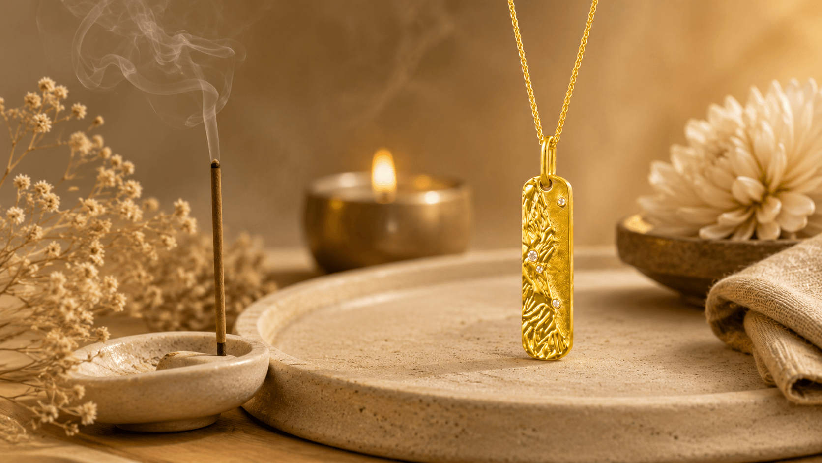 Metal Element gold pendant necklace displayed in a blessing scene with incense smoke, candlelight, and a calm altar setting