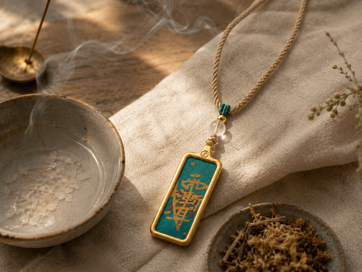 Necklace resting beside ritual herbs and purified water in a calm preparation setting