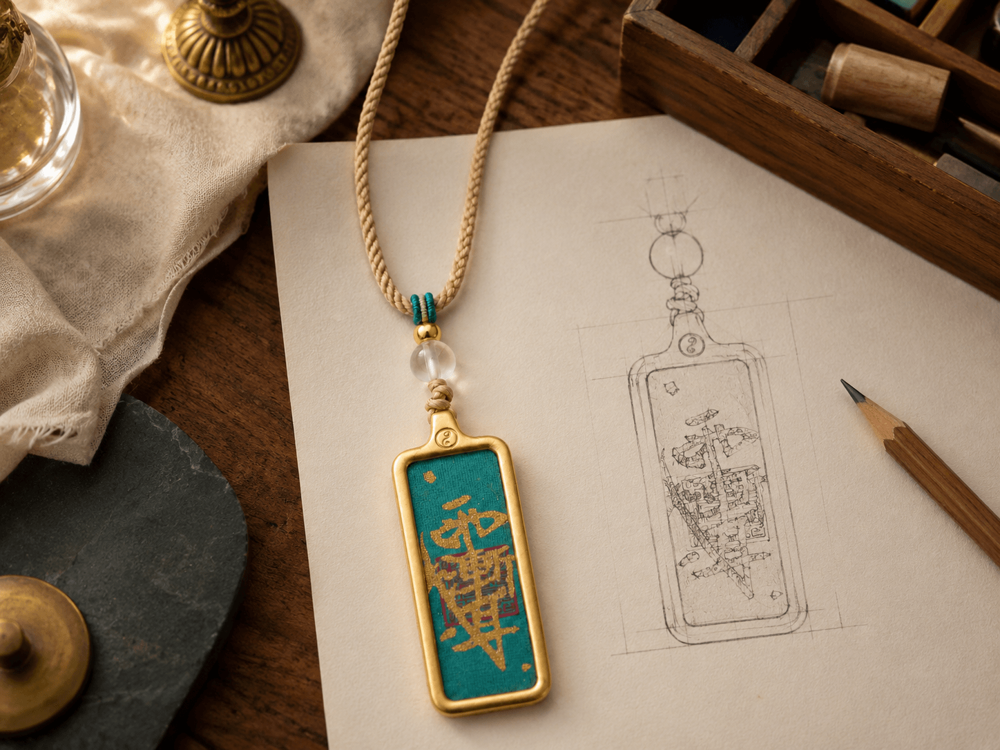 Guardian necklace placed beside a design sketch on a worktable