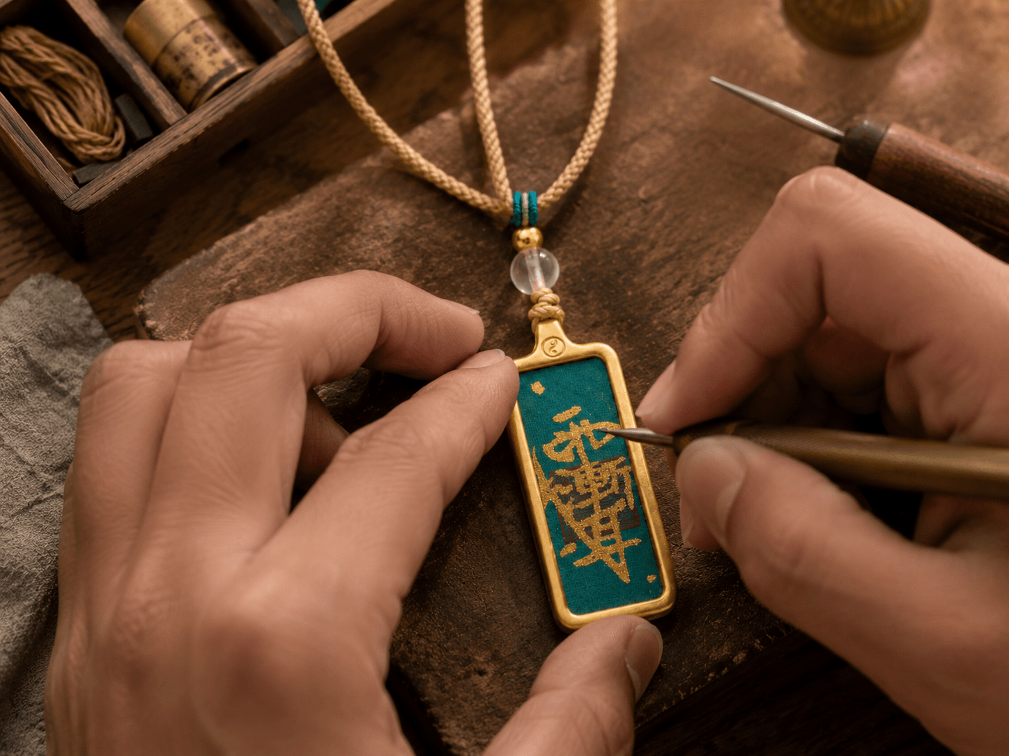 Hands refining the details of a green guardian necklace by hand
