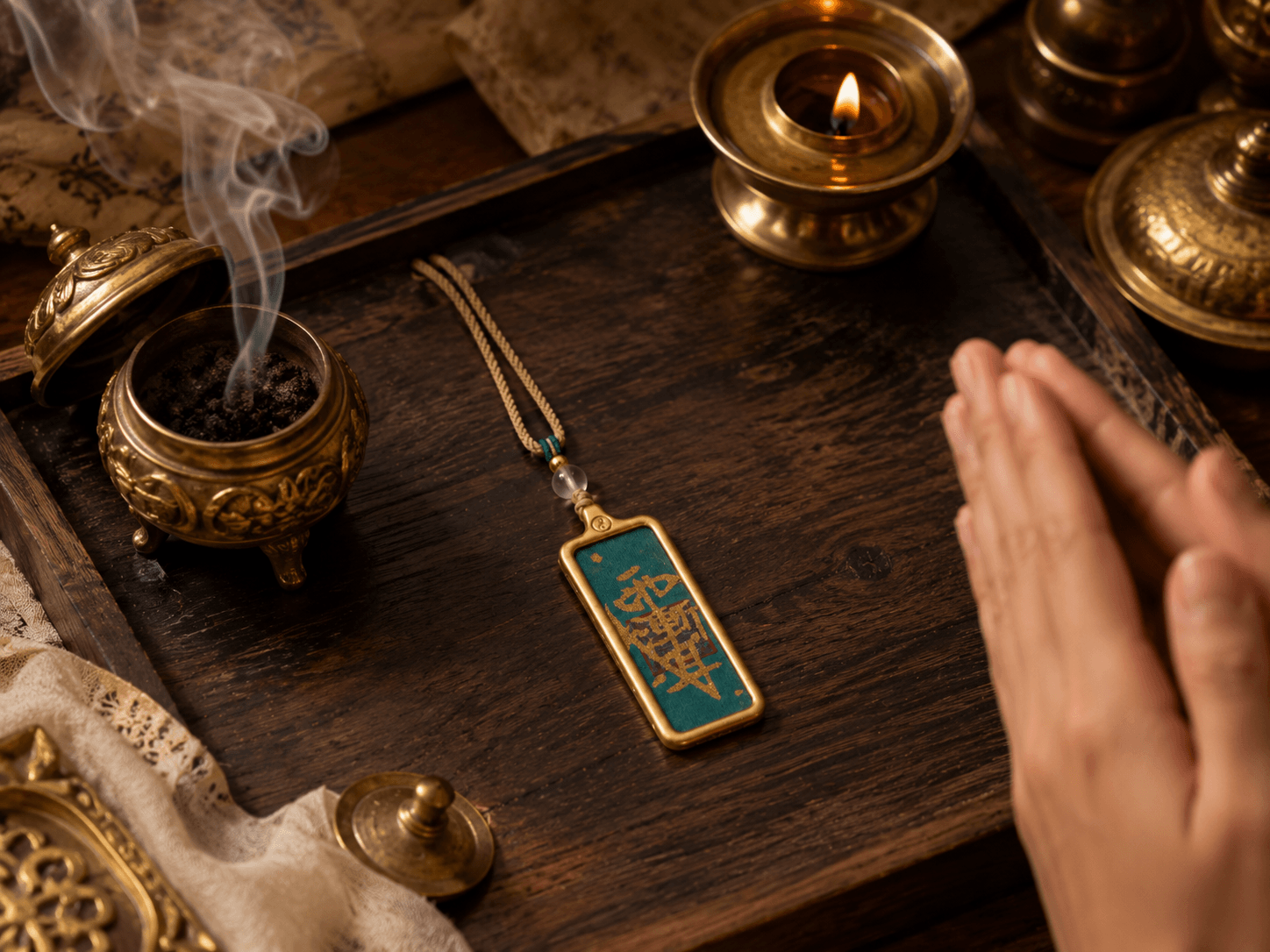 Guardian necklace placed on a ritual tray during blessing prayer