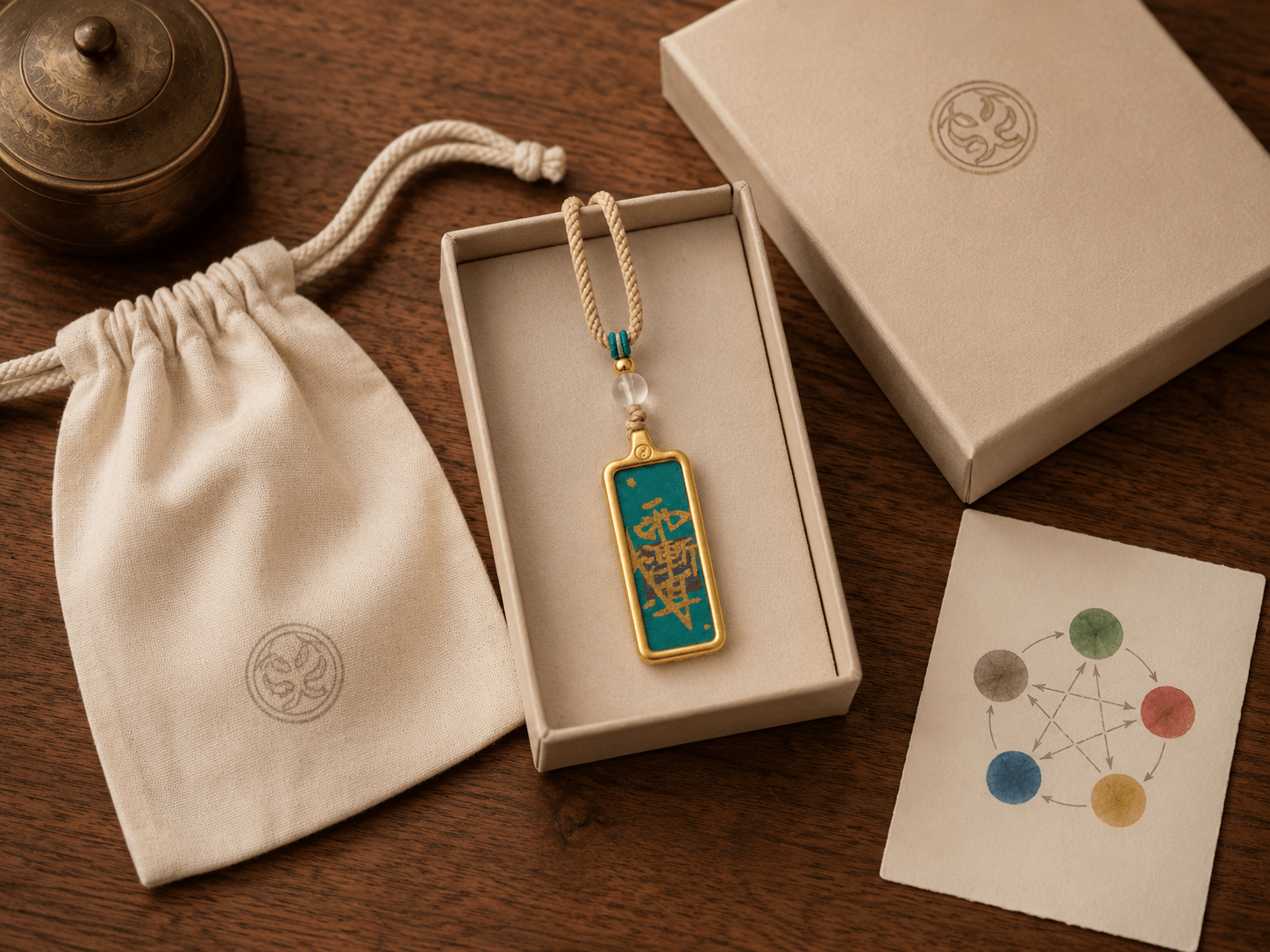 Green guardian necklace packed in a presentation box with pouch and Five Element card
