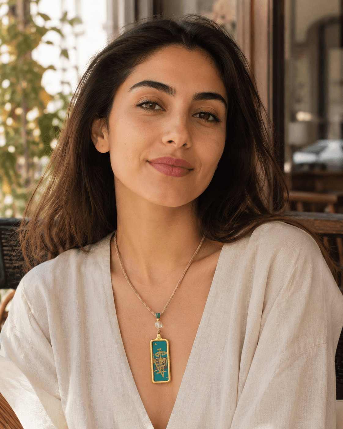 Wood Element Guardian Necklace wearing example