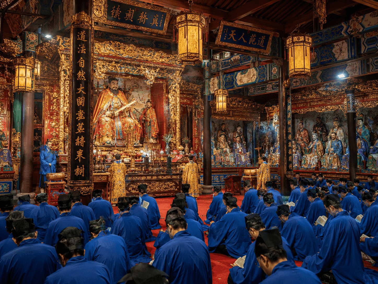 Group Taoist ritual prayer inside a temple hall