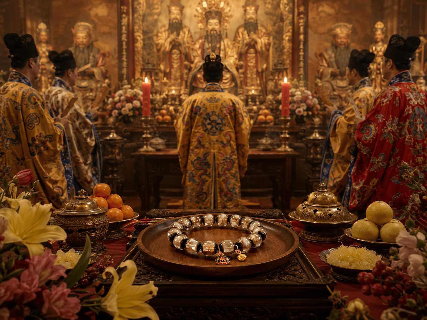 Taoist altar ceremony with the bracelet placed before offerings