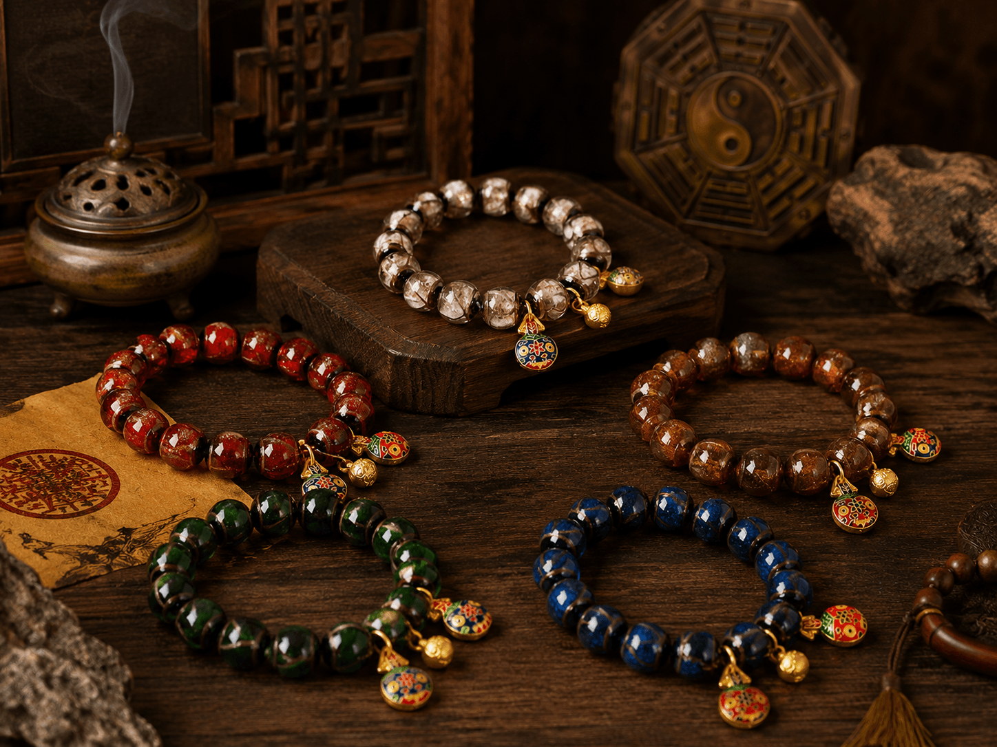 Five Element guardian bracelets arranged with Taoist ritual objects