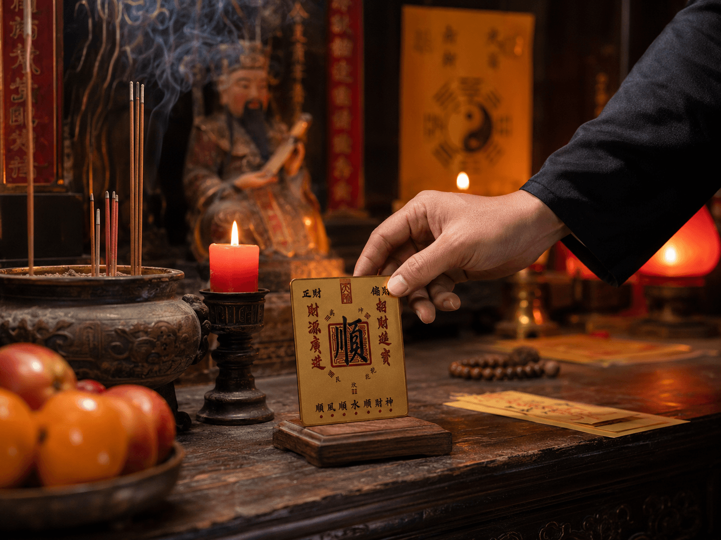 A talisman being placed on a stand at the Taoist altar