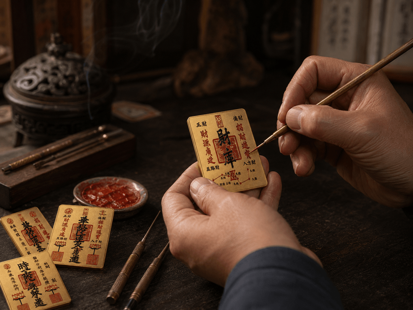 Hands applying finishing blessing details to a talisman