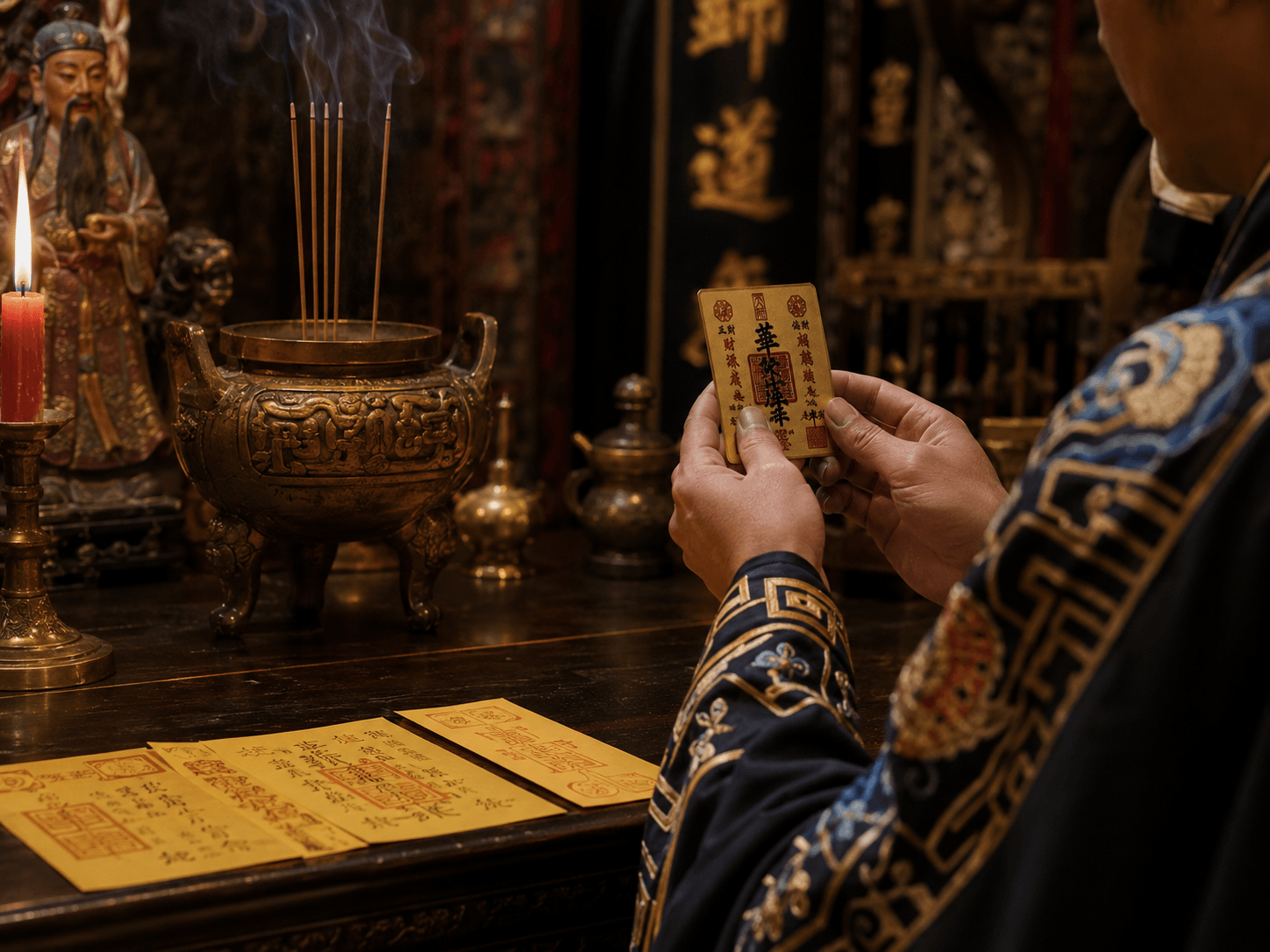 Taoist master holding and reading a talisman before the altar