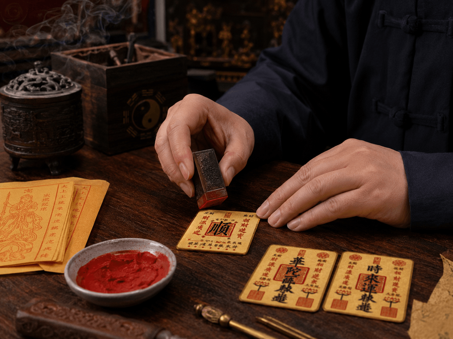 A Taoist seal being stamped onto a talisman beside ritual materials