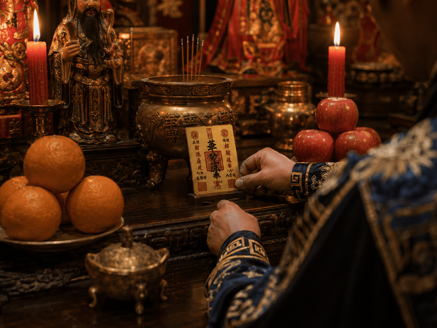 A talisman being offered at a Taoist altar with candles and fruit offerings