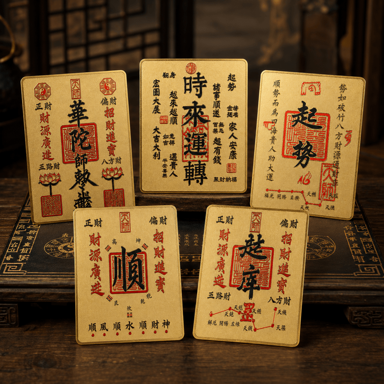 Five Taoist talismans arranged together on a ritual display