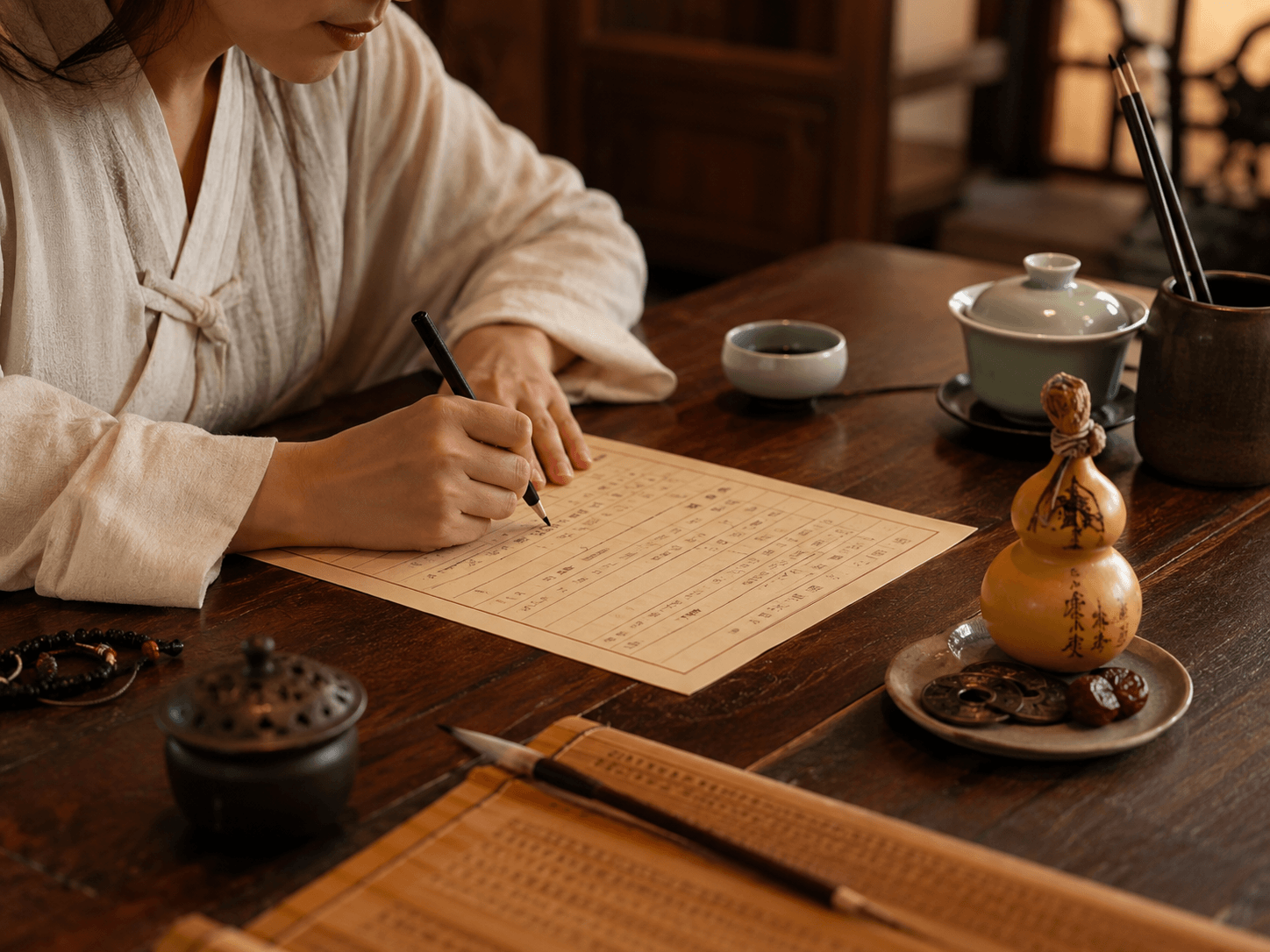 A client writing birth details for a Taoist reading
