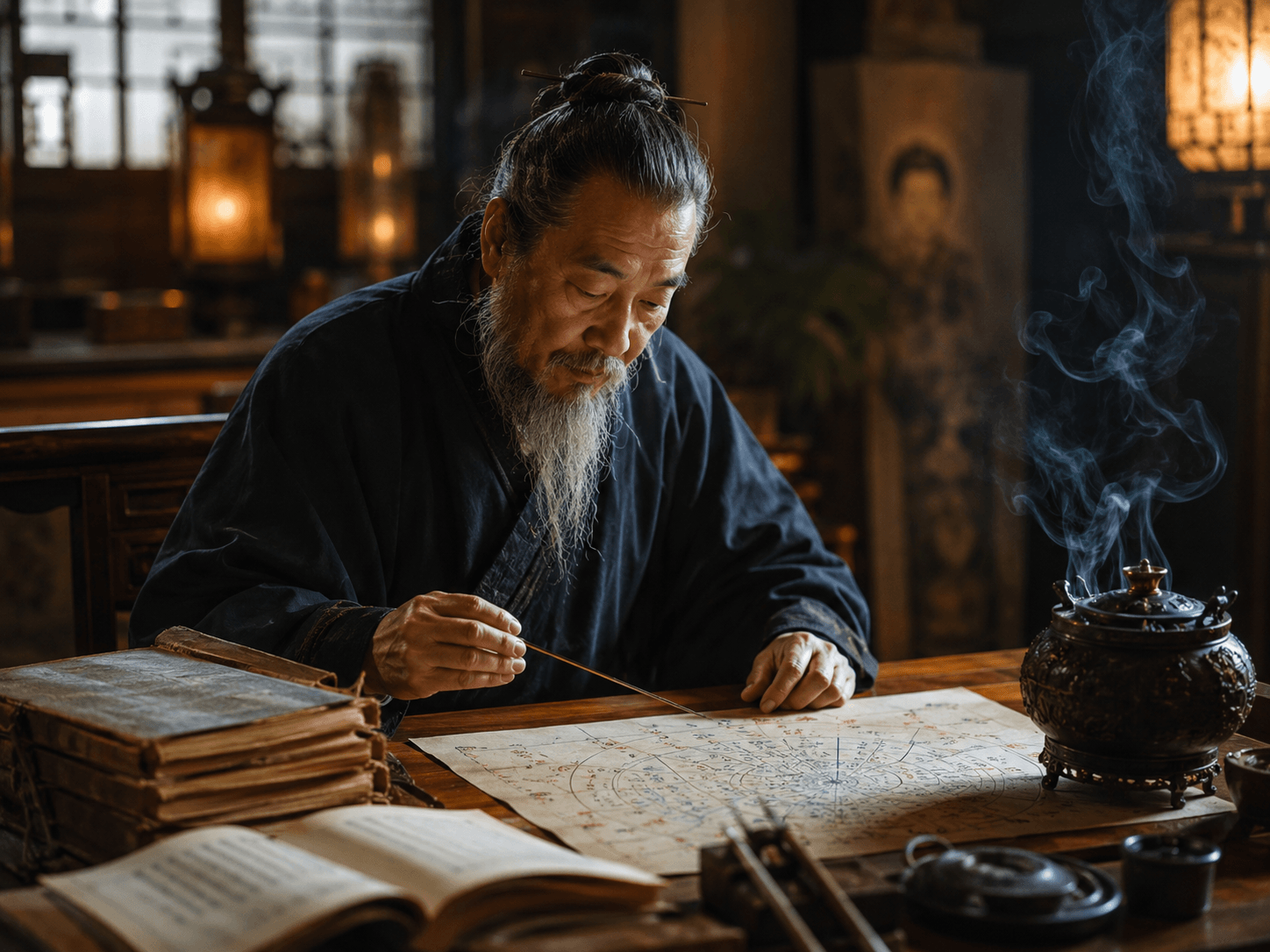 A Taoist master reviewing birth charts and five-element balance