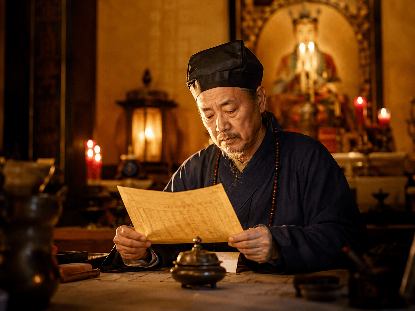 A Taoist master interpreting a divination paper near an altar