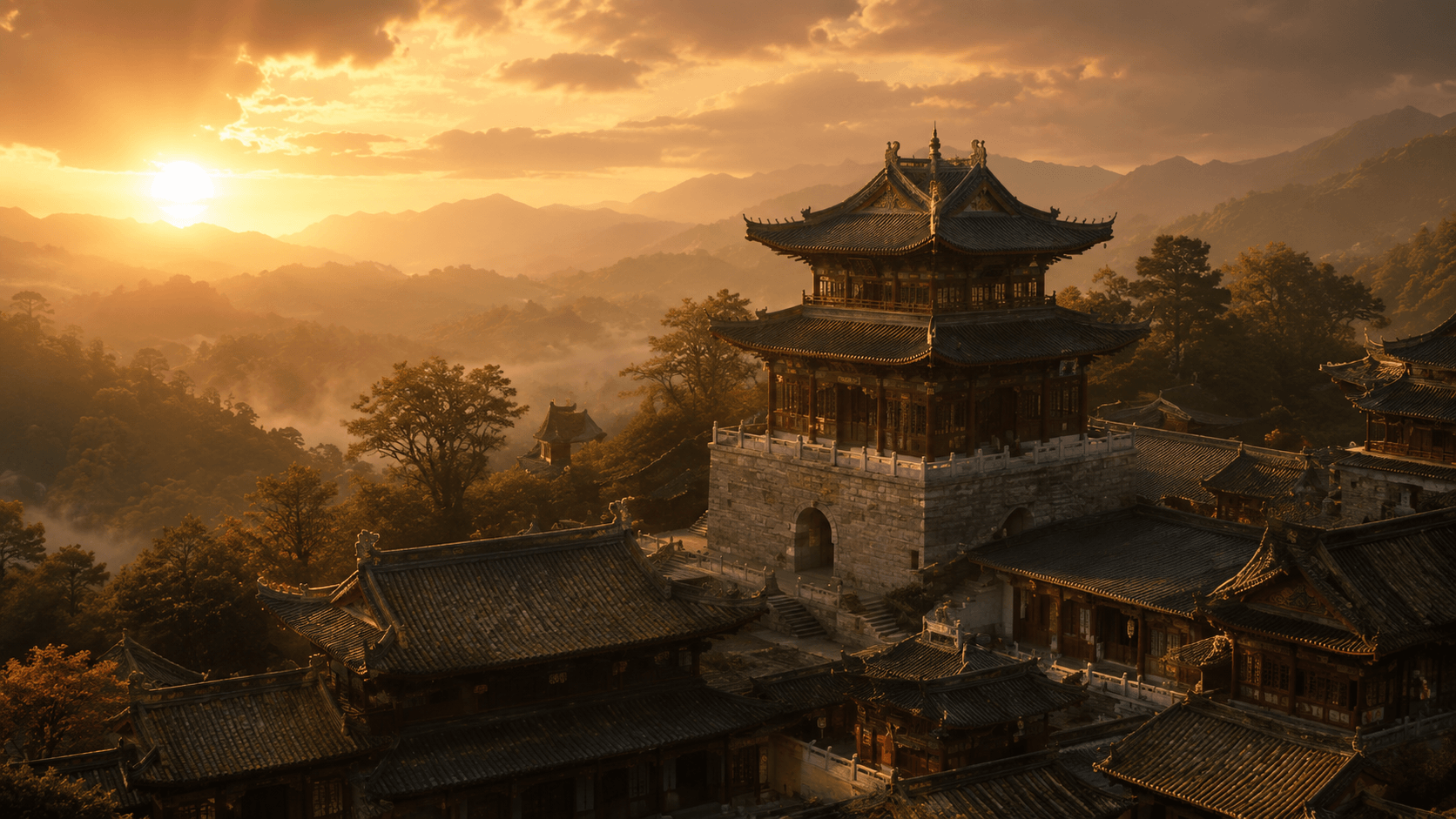 Maoshan Taoist temple at sunset