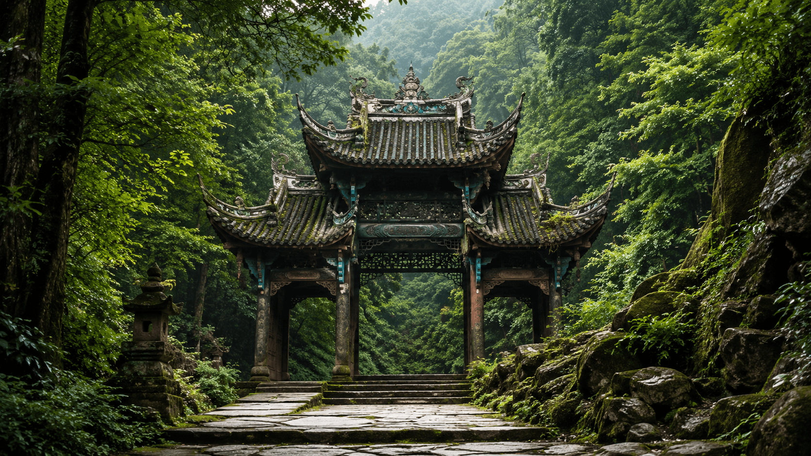 Qingcheng Mountain temple among green forest