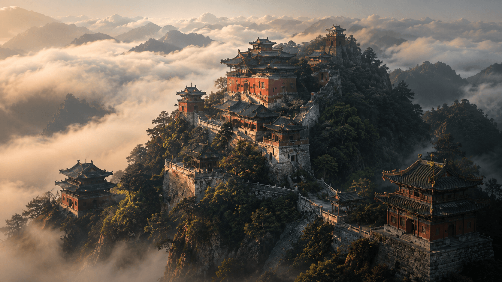 Wudang Mountain Taoist temple in mist
